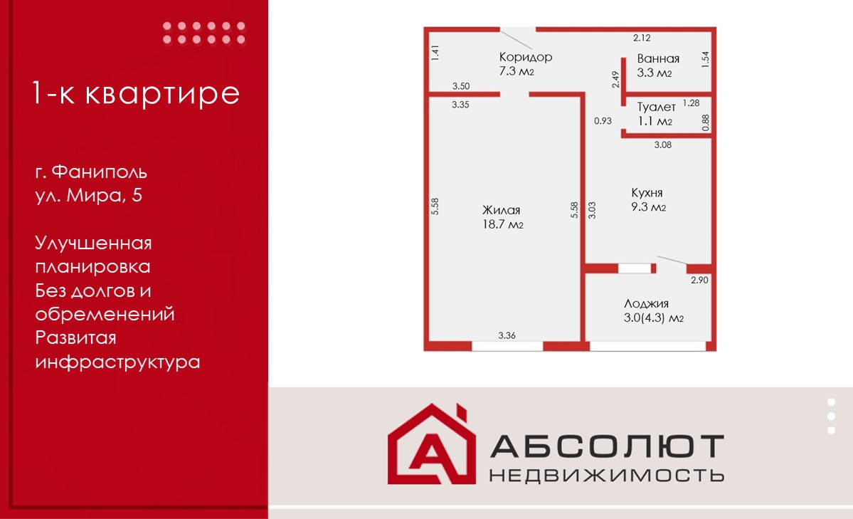 Продажа 1-к квартиры с лоджией и хорошим ремонтом! Фаниполь, ул. Мира, 5